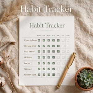 May include: A white paper habit tracker with the text Habit Tracker at the top. The grid lists daily tasks including Water 8 glasses, Morning Walk, Read 10 min, Meditate, Journal, Skincare, and Sleep by 11pm, with several green checkmarks.