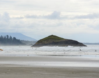 Surfer with yellow board on Long Beach, Tofino, Vancouver Island, West Coast Landscape, Nature, Wall Art, Digital Photo Print, 8x10