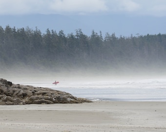 Surfer with Red Board on Long Beach, Tofino, Vancouver Island, West Coast Landscape, Square Digital Photo Print, 6x6, 8x8, 10x10, 12x12