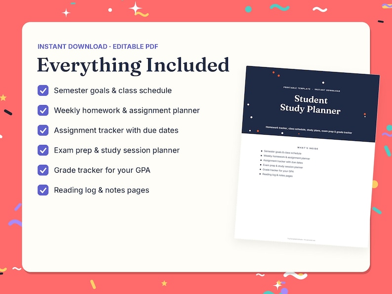 Editable Student Planner – Homework, Schedule, Study Tracker (PDF) - Etsy