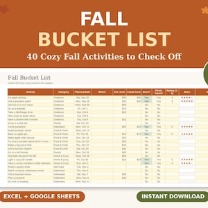 May include: A Fall Bucket List digital planner template for Excel and Google Sheets with a rust-colored background. The document features a table with columns for activity, category, date, cost, and ratings, including 40 cozy fall activity ideas.