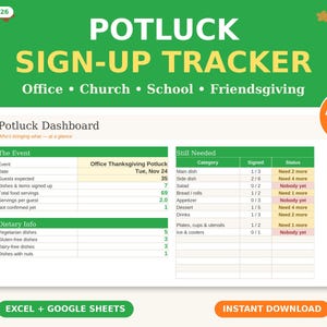 Potluck Sign-Up Tracker – Allergy-Friendly, Excel/Google Sheets (Digital Download)