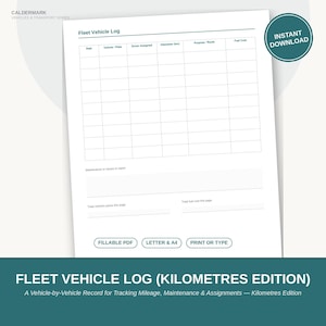 Fahrtenbuch (Kilometer-Version) zum Ausdrucken | Ausfüllbares PDF-Fuhrpark-Tracker in km, Sofort-Download, Letter & A4