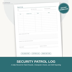 Può includere: Un documento di registro di pattuglia di sicurezza bianco con testo e linee color verde acqua scuro. Il modulo include campi per data, ore di turno, assegnazione del posto, orario, punto di controllo, stato, note, incidenti, attrezzature e firme.