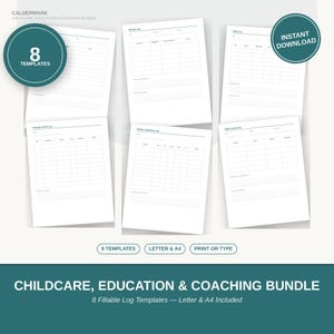 Childcare & Education Printable Bundle | 8 Fillable PDF Logs — Tutoring, Attendance, Lesson Planning and More, Instant Download