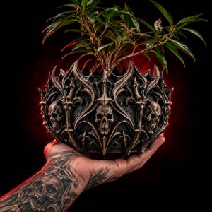 Pot de fleurs crâne gothique (fichier STL), pot de fleurs crâne orné (fichier 3D à imprimer), pot de fleurs fantastique sombre, pot pour plantes succulentes, décoration d'Halloween, téléchargement numérique