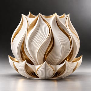 Puede incluir: Un cuenco decorativo con forma de flor de loto en flor, con pétalos blancos superpuestos con finas estrías verticales y superficies interiores de oro metálico en contraste. La estructura consta de una base ancha y una sección superior.