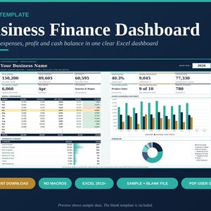 May include: An Excel template for a Business Finance Dashboard featuring a dark blue background. The interface displays financial metrics including income, expenses, profit, and cash balance with tables, bar charts, and a pie chart for 2026.