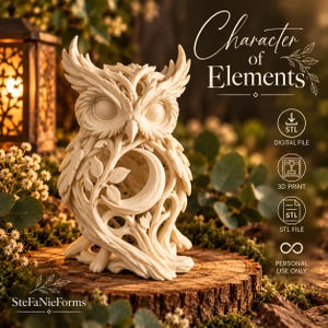 May include: A cream-colored owl figurine featuring intricate vine and leaf patterns with a crescent moon cutout on its chest. The text "Character of Elements" and "SteFaNieForms" is visible, along with icons for STL digital files and 3D printing.