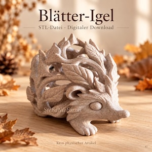 May include: A beige, textured, hollow hedgehog figurine featuring a decorative cutout design of overlapping leaves. The text "Blätter-Igel", "STL-Datei · Digitaler Download", "SteFaNieFormis", and "Kein physischer Artikel" are visible in the image.