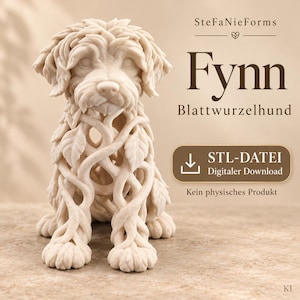 May include: A cream-colored dog figurine with a body composed of intertwined roots and leaves. The text reads SteFaNieForms, Fynn, Blattwurzelhund, STL-DATEI, Digitaler Download, and Kein physisches Produkt.