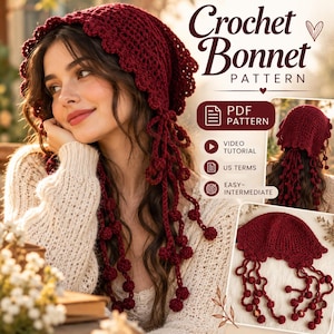 May include: A deep red crochet bonnet pattern featuring a scalloped edge and long dangling ties with small pom-poms. The image includes text reading Crochet Bonnet Pattern, PDF Pattern, Video Tutorial, US Terms, and Easy-Intermediate.