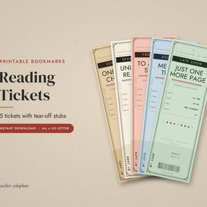 May include: Five rectangular bookmarks designed as vintage tickets in beige, cream, pink, blue, and mint green. Each features a tear-off stub, decorative borders, and text including "LATE SHOW" and "JUST ONE MORE PAGE" with fields for date, time, and seat.