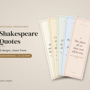 Peut inclure: Cinq marque-pages imprimables avec des citations de Shakespeare et des cadres classiques en crème, jaune, vert clair, bleu clair et pêche. Le texte inclut 'PRINTABLE BOOKMARKS', 'Shakespeare Quotes', '5 designs, classic frame' et 'INSTANT DOWNLOAD'.