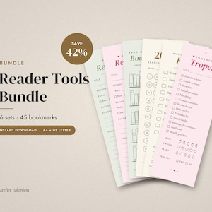 May include: A digital bundle of reader tools featuring 45 bookmarks across 6 sets. The bookmarks are displayed in pastel shades of green, pink, and cream, with printed checklists for book titles, authors, ratings, and romance tropes like enemies to lovers.