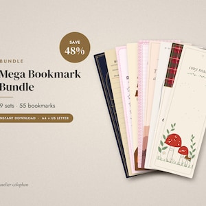 May include: A collection of rectangular bookmarks featuring various designs including red mushrooms, plaid patterns, and text reading cozy reads. The bundle includes 55 bookmarks across 9 sets, with text on the left side stating Mega Bookmark Bundle, Save 48%, and Instant Download A4 + US Letter.