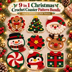 Può includere: Un set di 9 schemi per sottobicchieri all'uncinetto a tema natalizio in download digitale, con nove disegni distinti: un omino di pan di zenzero, un albero di Natale, Babbo Natale, un pupazzo di neve, una stella di Natale, una renna, una caramella, un pinguino e un regalo.