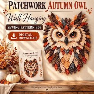 Patchwork-Wandbehang mit Herbst-Eule, Herbst-Quiltmuster, Eulen-Bastelvorlage, digitaler Download
