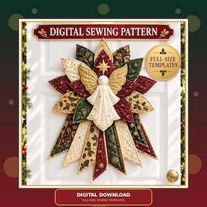 May include: A digital sewing pattern for a quilted angel wall hanging. The design features a central angel figure with gold wings, surrounded by layered fabric petals in red, green, and cream with holly and star prints. Text reads DIGITAL SEWING PATTERN, FULL-SIZE TEMPLATES, and DIGITAL DOWNLOAD.