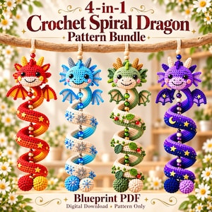 May include: A 4-in-1 crochet spiral dragon pattern bundle digital download. The image displays four hanging dragon ornaments in red, blue, green, and purple, each featuring a spiral tail, beaded accents, and unique decorative motifs like stars.