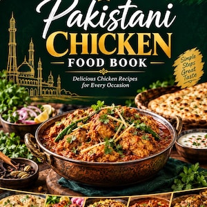 Może przedstawiać: Książka kucharska zatytułowana Pakistani Chicken Food Book autorstwa Salahuddina Chefa, z ciemnozieloną okładką ze złotym tekstem, centralnym zdjęciem curry z kurczaka w metalowej misce oraz pięcioma mniejszymi zdjęciami dań z kurczaka na dole.