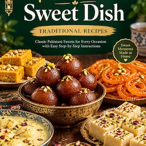 Peut inclure: Une couverture de livre de cuisine intitulée Pakistani Sweet Dish Traditional Recipes par Malik Salahuddin, sur fond vert foncé avec des accents dorés, présentant divers desserts pakistanais comme gulab jamun, jalebi et barfi.