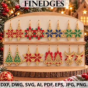 May include: A wooden display stand holding eight pairs of laser-cut holiday earrings. The designs include red, blue, and green snowflakes, green Christmas trees, red bells, and reindeer shapes, all featuring gold-tone metal earring hooks.