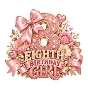 Könnte beinhalten: Eine dekorative Grafik mit einer großen, glitzernden rosa Acht, verziert mit Perlen und einer Satinschleife. Darunter zeigt ein Banner den Text EIGHTH BIRTHDAY GIRL in goldener und rosa Schrift, umgeben von rosa Rosen, Herzen und Perlen.