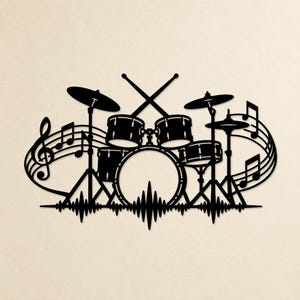 May include: A black metal wall art piece depicting a drum kit with crossed drumsticks, cymbals, and drums. The design is framed by musical staff lines, notes, and a treble clef, with a sound wave pattern along the bottom edge.