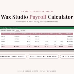 May include: A digital spreadsheet titled Wax Studio Payroll Calculator for owners, displayed on a laptop screen. The interface shows columns for service commission, retail commission, tips, regular hours, overtime hours, and total pay for staff.