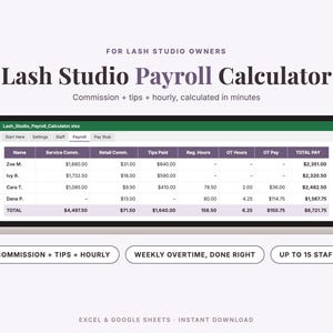 May include: A digital Lash Studio Payroll Calculator spreadsheet displayed on a laptop screen. The interface includes columns for name, service commission, retail commission, tips, regular hours, overtime hours, overtime pay, and total pay for staff.