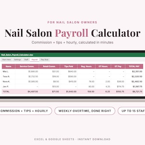 Pode incluir: Uma planilha digital de cálculo de folha de pagamento para salões de beleza exibida em uma tela de laptop. A interface inclui colunas para nome, comissão de serviço, comissão de varejo, gorjetas, horas e pagamento total.