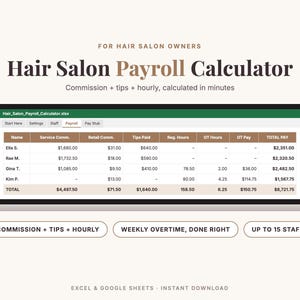 Op de afbeelding: Een digitaal salariscalculator-spreadsheet voor kapsalons weergegeven op een laptopscherm. De interface bevat tabbladen voor instellingen, personeel en loonlijst, met kolommen voor commissies, fooien, gewerkte uren en het totale salaris.