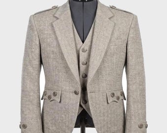 Premium Beige Herringbone Tweed Argyll Kilt Jacket – Traditional Scottish Highland Wear