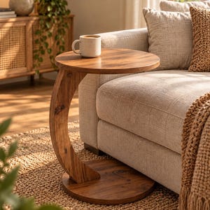 C Shaped Side Table, Wooden Sofa Side Table, Round End Table, Minimalist Couch Table, Modern Living Room Furniture