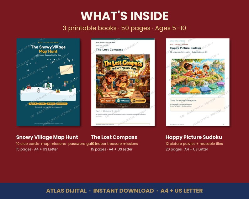 Christmas Activity Bundle for Kids, Printable Treasure Hunt, Clue Cards, Picture Sudoku, Screen Free Holiday Games, Ages 5-10, PDF image 4