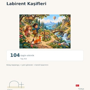 May include: A product page titled ATLAS Küçük Kaşifler Labirent Kaşifleri featuring an illustration of two children with a fox in a forest, a hot air balloon, a wooden bridge, and a waterfall. The page includes the text 104 özgün etkinlik.