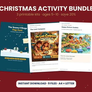 Christmas Activity Bundle for Kids, Printable Treasure Hunt, Clue Cards, Picture Sudoku, Screen Free Holiday Games, Ages 5-10, PDF