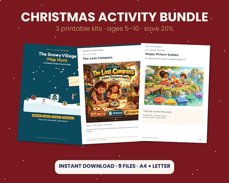 Christmas Activity Bundle for Kids, Printable Treasure Hunt, Clue Cards, Picture Sudoku, Screen Free Holiday Games, Ages 5-10, PDF image 1