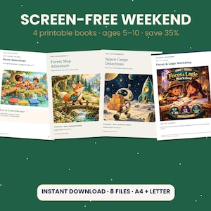 Screen Free Weekend Activity Bundle for Kids, 4 Printable Activity Books, Logic Puzzles, Map Games, Matching, Ages 5-10, PDF image 1
