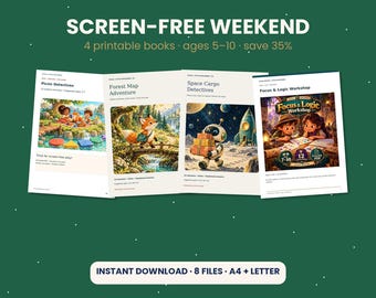 Screen Free Weekend Activity Bundle for Kids, 4 Printable Activity Books, Logic Puzzles, Map Games, Matching, Ages 5-10, PDF