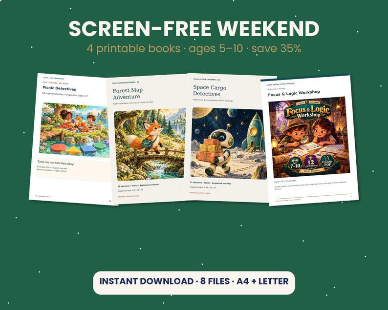 Screen Free Weekend Activity Bundle for Kids, 4 Printable Activity Books, Logic Puzzles, Map Games, Matching, Ages 5-10, PDF image 1