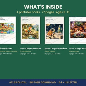 Screen Free Weekend Activity Bundle for Kids, 4 Printable Activity Books, Logic Puzzles, Map Games, Matching, Ages 5-10, PDF image 4