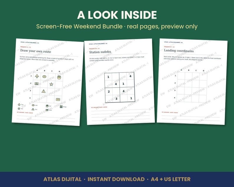 Screen Free Weekend Activity Bundle for Kids, 4 Printable Activity Books, Logic Puzzles, Map Games, Matching, Ages 5-10, PDF image 3