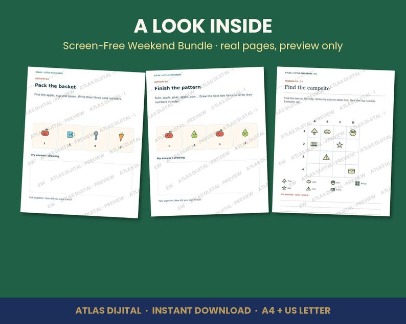 Screen Free Weekend Activity Bundle for Kids, 4 Printable Activity Books, Logic Puzzles, Map Games, Matching, Ages 5-10, PDF image 2