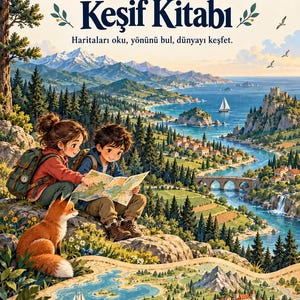 May include: A book cover titled Atlas Keşif Kulübü: Küçük Haritacının Keşif Kitabı. It features two children with backpacks and a fox sitting on a rocky cliff, looking at a map. The background shows a coastal landscape with mountains, a village, and a bridge.