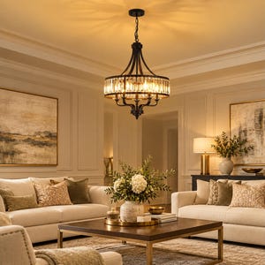 May include: A black metal chandelier featuring a circular frame adorned with vertical clear glass prisms. The fixture is suspended by a chain and emits a warm, glowing light, casting soft shadows on the ceiling above the living room area.