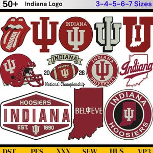 May include: A collection of digital embroidery designs featuring Indiana University logos, including the trident symbol, a football helmet, a football, the state outline, and text such as Hoosiers, Believe, and National Championship in crimson and white.