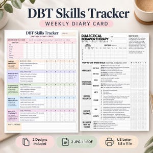 Könnte beinhalten: Zwei DBT Skills Tracker Wochen-Tagebuchkarten-Vorlagen auf weißem Papier. Das linke Blatt enthält farbcodierte Abschnitte für Emotionen, Zielverhalten, Achtsamkeit, zwischenmenschliche Wirksamkeit, Emotionsregulation und Stresstoleranz.