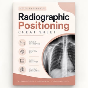 Op de afbeelding: Een naslagwerk getiteld Radiographic Positioning Cheat Sheet met een lichtroze achtergrond. Het bevat een zwart-wit röntgenfoto van de borstkas, met iconen voor patiëntpositionering, centrale straal, beeldontvanger en anatomische herkenningspunten.
